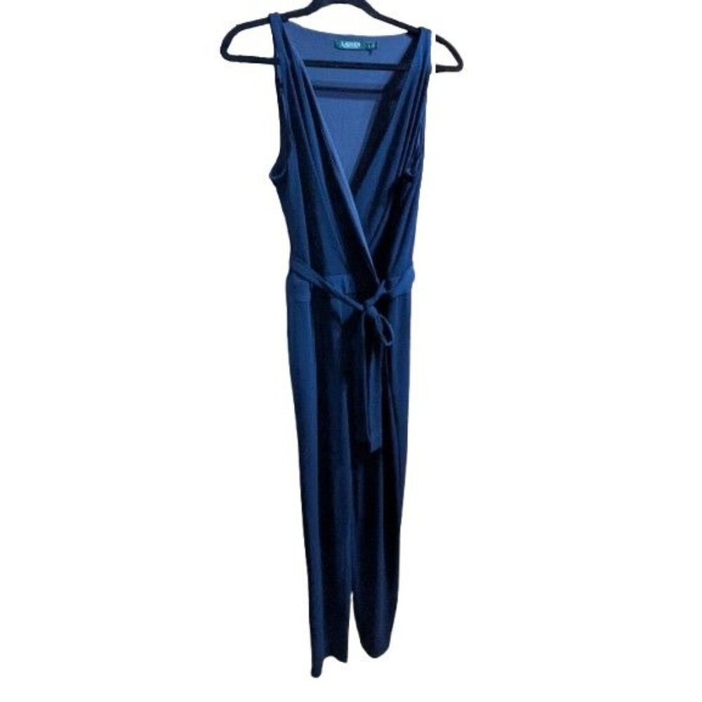 Ralph Lauren Jumpsuit Navy Blue Sleeveless Wrap Top with Belt at Waist Size Larg
